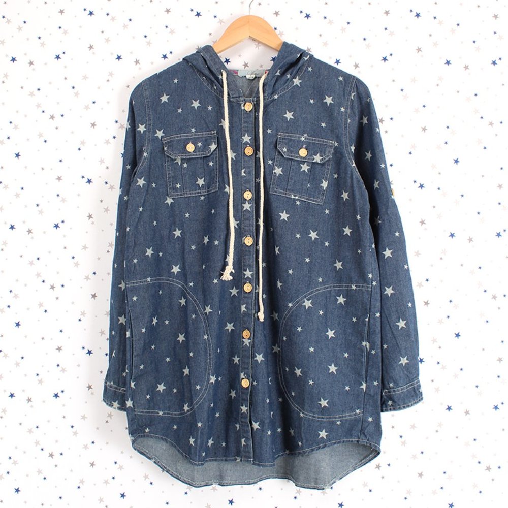 Star Print Hooded Button Up Denim Jacket Blue